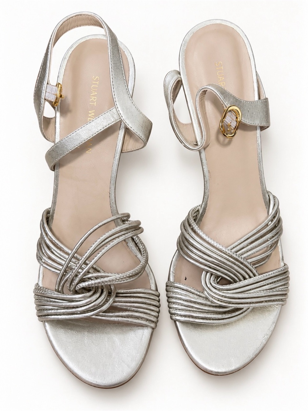 Stuart Weitzman Metallic Silver Knotted Strappy Sandals